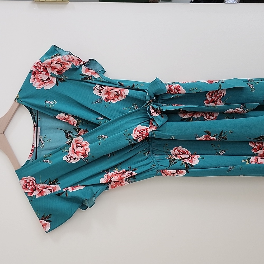 Green Wrap Dress Pink Floral Flower Print - Picture 2 of 7
